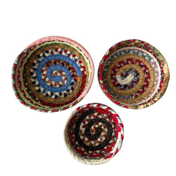 Handmade Multicolor Fabric Bowl Basket Set of 3 - Picture 2 of 6